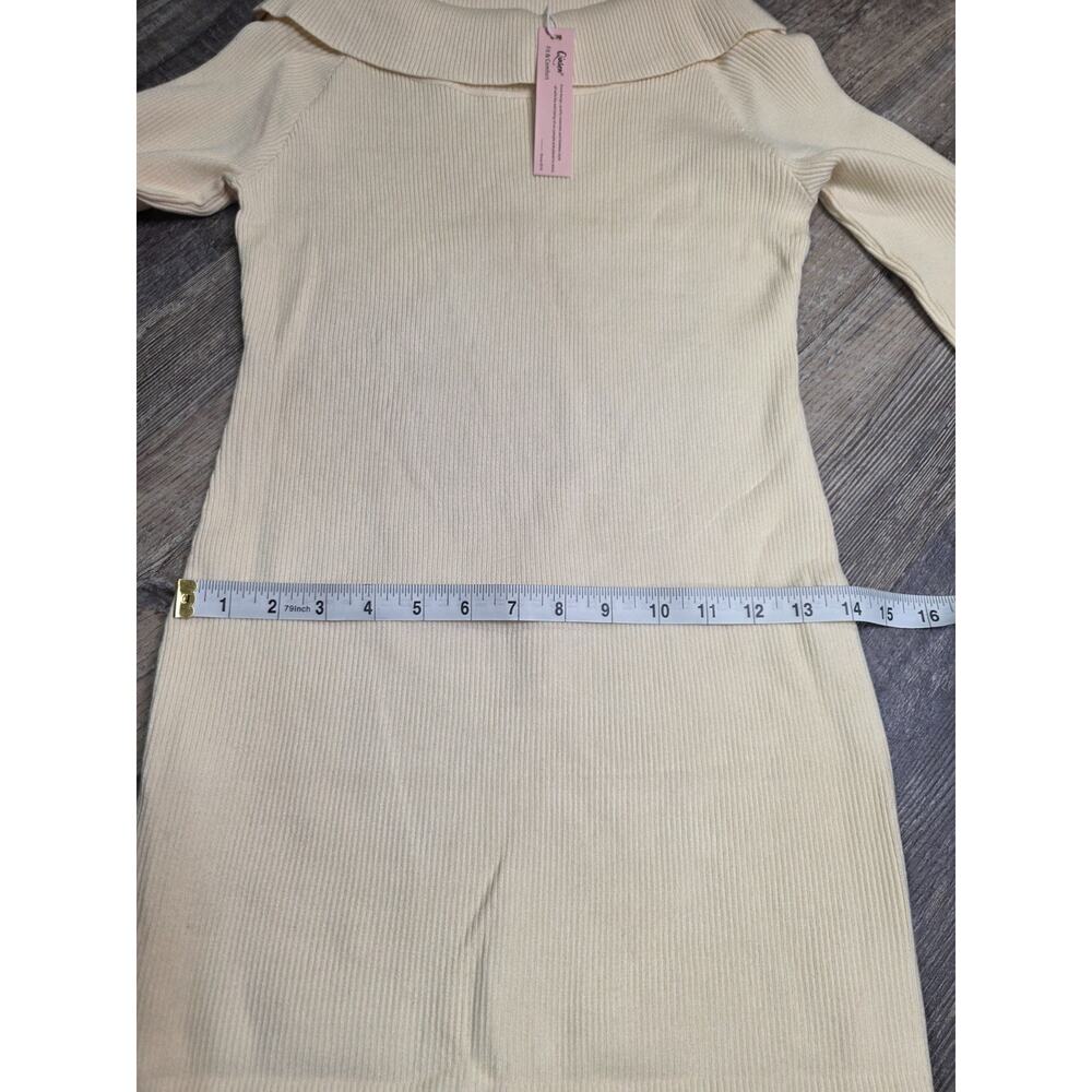 Qinsen Womens L Dress Cream Ribbed Knit Off Shoulder Long Sleeve Bodycon NWT - Picture 3 of 6
